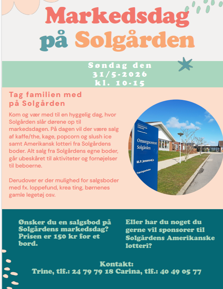 Plakat med tekst om marked 31. maj 2026 på Solgården